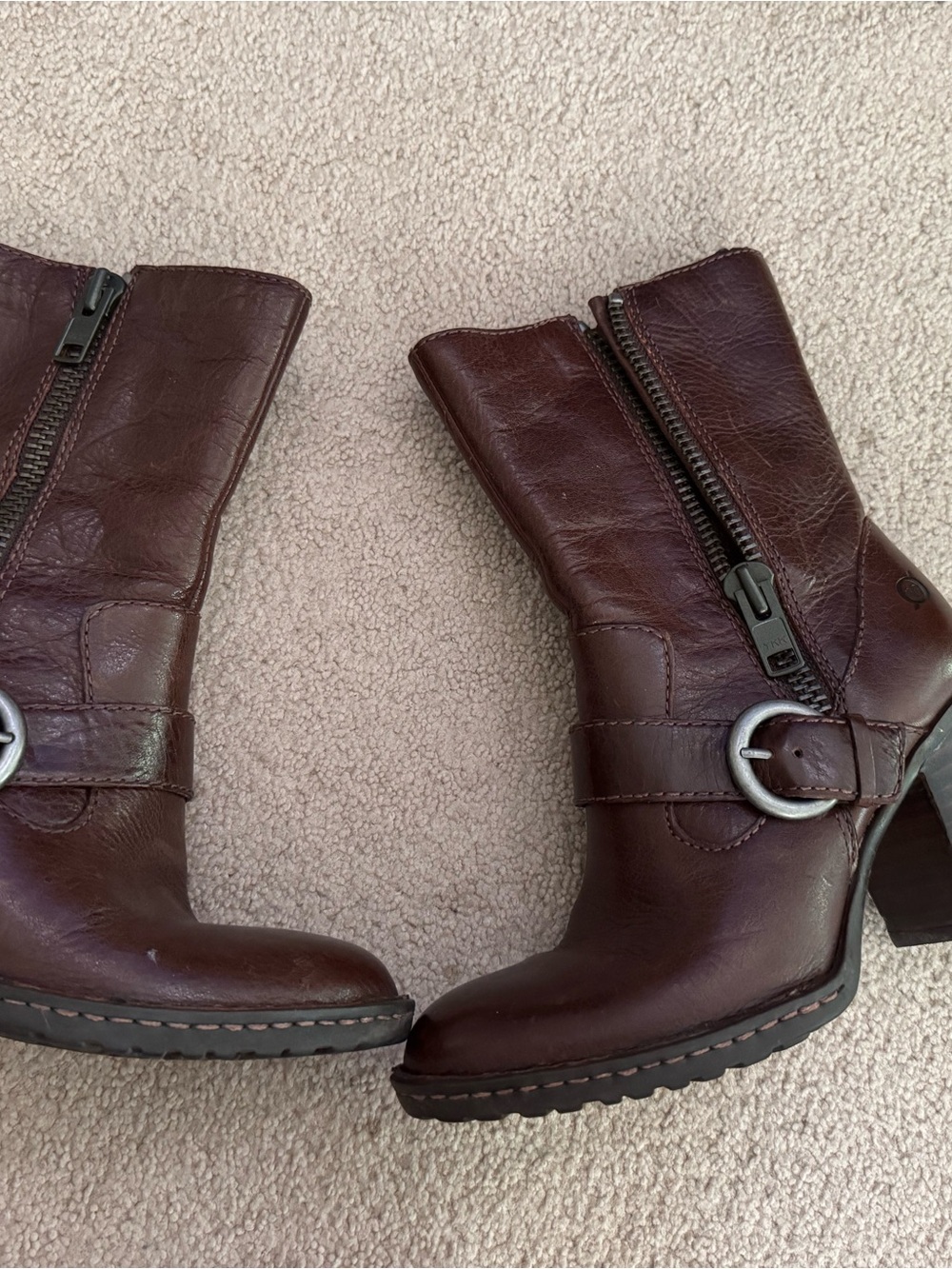 Women's Brown Leather Mid-Calf Zip Heeled Born Boots